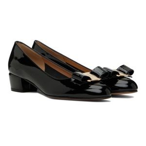 Ferragamo Vara Patent Black Low Heel Pumps